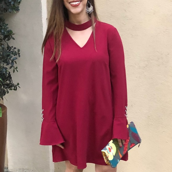 Crimson skater dress w/choker & v-neck, Gorgeous! Sz M - Picture 7 of 16